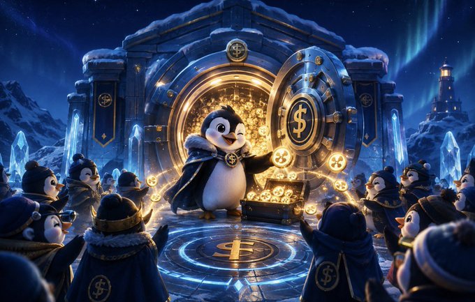 A digital illustration of a penguin wearing a cape and holding a glowing coin with a dollar sign, standing before a large vault filled with gold coins, surrounded by other penguins in an icy landscape under the northern lights.