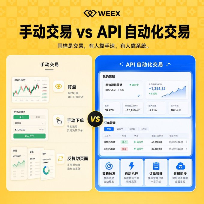 A WeEX promotional infographic in Chinese comparing manual trading (手动交易) versus API automated trading (API自动化交易), highlighting features like strategy triggers, auto-execution, and order management.