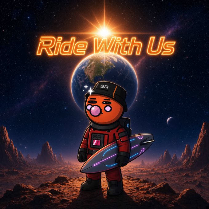 An animated orange character in a red spacesuit holds a futuristic surfboard against a cosmic backdrop featuring Earth, with the glowing text "Ride With Us" displayed prominently.