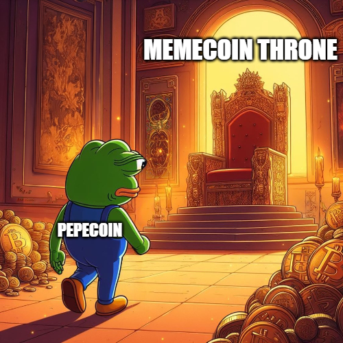 A cartoon-style illustration titled 'MEMECOIN THRONE' showing a green Pepe character wearing overalls labeled 'PEPECOIN' walking toward an ornate golden throne surrounded by piles of Bitcoin.