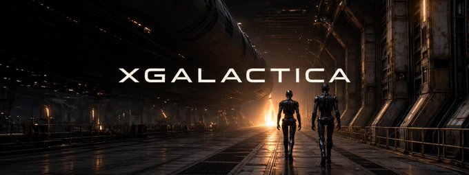 A sci-fi themed graphic displays 'XGALACTICA' over a cinematic image of two figures walking down a dark, industrial corridor toward a glowing orange light.