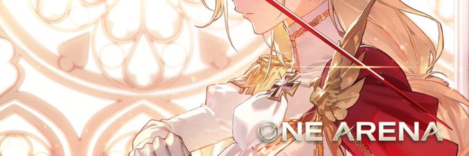 The image features a banner with a woman's face, dressed in a white outfit that includes a red cape. The text "One Arena" is written above her head, and there are two arrows pointing towards her. The background of the image has a design resembling a cathedral window or stained glass, which adds to the overall aesthetic appeal of the post. The caption reads: "Collectibles Gaming The next phase of TCG is on Solana".