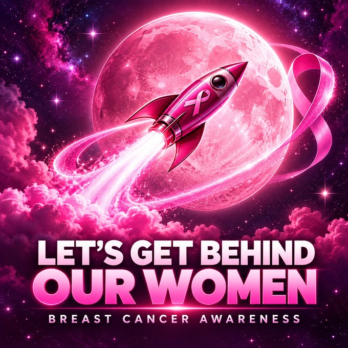 A pink-themed breast cancer awareness graphic shows a rocket with a pink ribbon flying past a pink moon, reading 'LET'S GET BEHIND OUR WOMEN'.