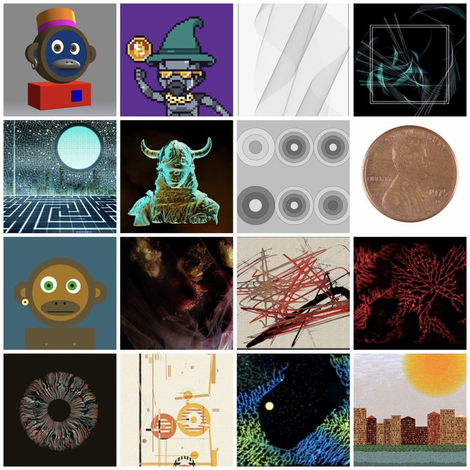 A 4x4 grid of diverse digital artworks and images, including a pixel monkey, a wizard figure, concentric circles, a penny, a viking bust, an abstract eye, a small cityscape, and various abstract textures.