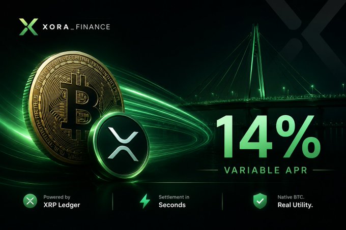 An advertisement for XORA_FINANCE showing Bitcoin and XORA coins with a green neon bridge, promoting "14% VARIABLE APR" powered by XRP Ledger.