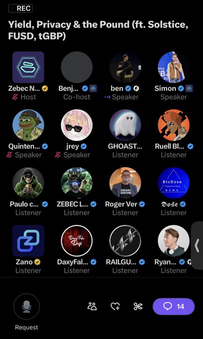 Twitter/X Spaces recording titled 'Yield, Privacy & the Pound (ft. Solstice, FUSD, tGBP)' showing hosts, speakers, and listeners including Zebec Network, Quinten..., jrey, GHOAST..., RuelL Bi..., Paulo c..., Roger Ver, Zano, and DaxyFal...