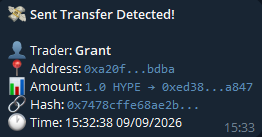 A screenshot displays a "Sent Transfer Detected!" notification showing trader "Grant" sending 1.0 HYPE to address 0xa29f...bdba, with a hash of 0x7478cffe68ae2b... and timestamp 15:32:38 09/09/2026. The image relates to the post by illustrating an on-chain HYPE token transfer on Hyperliquid, supporting the user's teaser about upcoming activity.