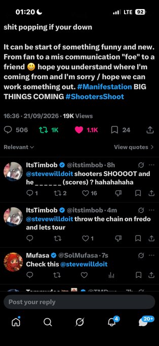 A Twitter/X screenshot of a post mentioning 'shit popping' and addressing a 'miscommunication foe', with replies from ItsTimbob joking about 'shooters SHOOOT' and suggesting throwing the chain on fredo.
