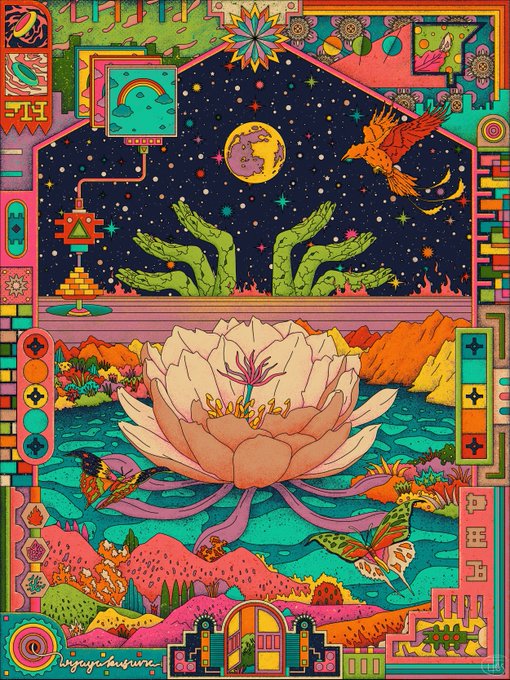 A vibrant, psychedelic illustration featuring a large central lotus flower with a hand motif, surrounded by cosmic imagery including a moon, stars, and a phoenix, with text reading "SLOPEGERZ" and "heyuri.tumblr".