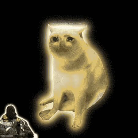 A glowing yellow cat sits against a black background with a small figure in the bottom left corner.