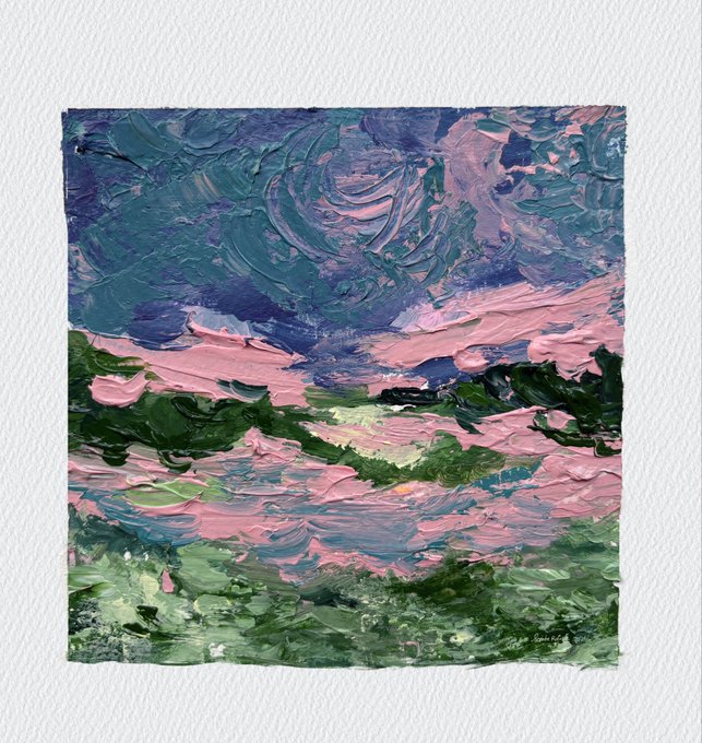 An impressionistic oil painting with thick brushstrokes depicting a landscape with pink skies, dark clouds, and green hills, displayed on textured white paper.