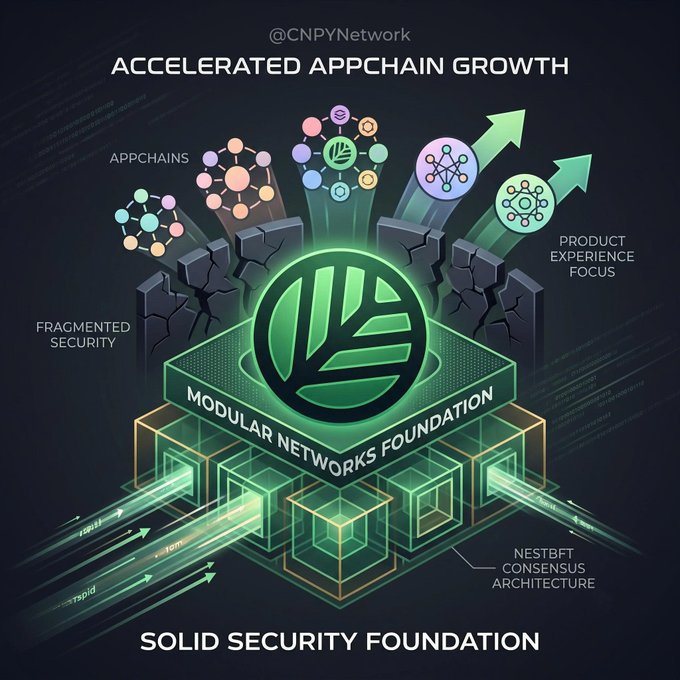 A technical infographic titled 'ACCELERATED APPCHAIN GROWTH' from '@CNPYNetwork' showing a 'Modular Networks Foundation' with elements labeled 'Appchains,' 'Fragmented Security,' 'Product Experience Focus,' and 'NestBFT Consensus Architecture,' with 'SOLID SECURITY FOUNDATION' at the bottom.