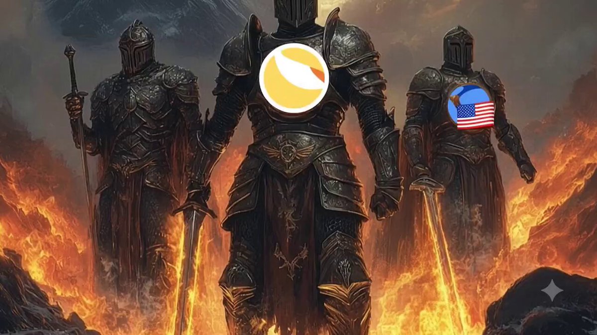 The image features three knights standing together, each holding a sword and wearing armor. They are positioned against a backdrop of flames, which adds intensity to their appearance. The text in the image reads "We're going to make history! This is just the beginning for the #LUNCCommunity. Those who understand the vision and show patience will be rewarded in the end. The strongest army in the crypto space stands united."