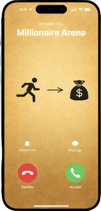 A smartphone screen displays an incoming call from "Millionaire Arena," featuring a pictogram of a running figure transforming into a money bag, with Decline and Accept buttons mirroring the post's "Answer the call" invitation to join Millionaire Speedrun's structured trading program.