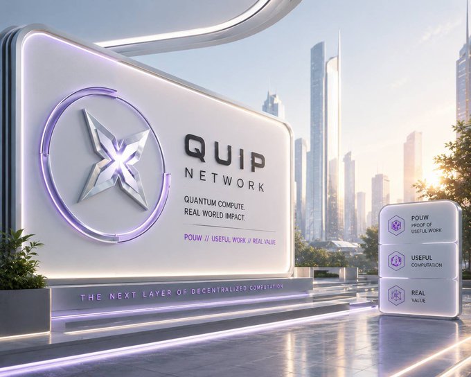 A futuristic promotional banner for 'QUIP NETWORK' displaying 'QUANTUM COMPUTE REAL WORLD IMPACT' and 'THE NEXT LAYER OF DECENTRALIZED COMPUTATION' with a modern cityscape background.