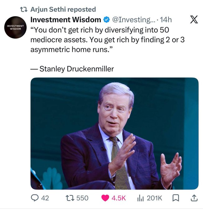 A reposted tweet from Investment Wisdom (@Investing...) featuring a quote from Stanley Druckenmiller: 'You don't get rich by diversifying into 50 mediocre assets. You get rich by finding 2 or 3 asymmetric home runs,' with a photo of Druckenmiller speaking, showing 42 comments, 550 reposts, 4.5K likes, and 201K views.