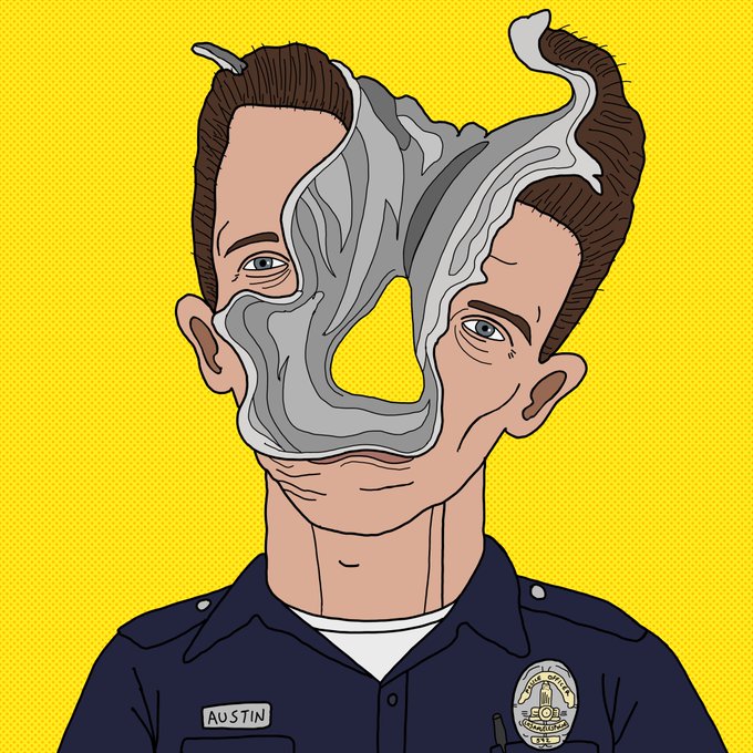 A digital illustration of a smiling police officer in a dark blue uniform with a badge and the name 'AUSTIN', whose face appears to be peeling away or transforming into a melted, silver substance.