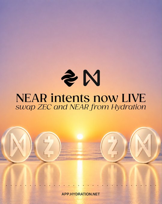 The image is a promotional graphic announcing "NEAR intents now LIVE" with the subtitle "swap ZEC and NEAR from Hydration," featuring a serene sunset over water with golden coins displaying "Z" (for ZEC) and "N" (for NEAR) symbols, and the URL "APP.HYDRATION.NET" at the bottom—visually reinforcing the post's announcement of cross-chain swapping capabilities between Zcash (ZEC) and NEAR on the Hydration platform.