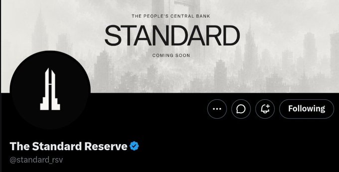 A Twitter profile banner for 'The Standard Reserve' (@standard_rsv) displaying the text 'THE PEOPLE'S CENTRAL BANK STANDARD COMING SOON' over a cityscape silhouette.