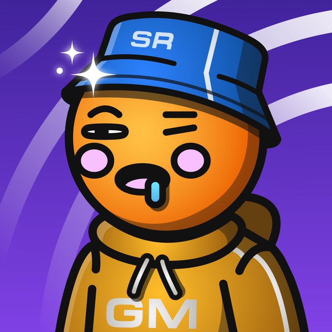 A cartoon-style orange character wearing a blue cap labeled 'SR' and a yellow hoodie labeled 'GM' drools against a purple background.