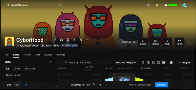A screenshot of an OpenSea NFT marketplace page for a collection called 'CyborHood' on the Robinhood Chain, showing a 'Minting Soon' status with a countdown timer.