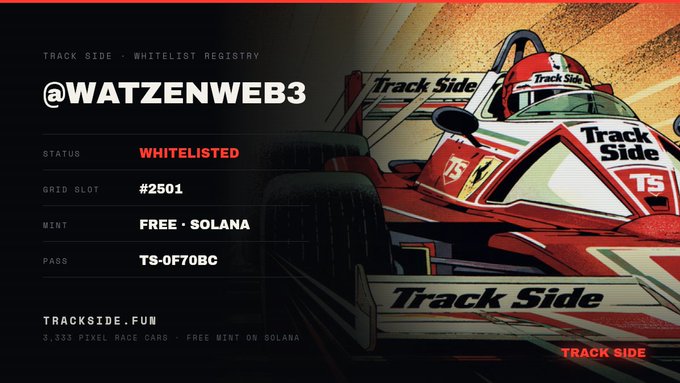 A digital 'Track Side' whitelist registration card for '@WATZENWEB3' showing grid slot #2501, FREE mint on Solana, and pass TS-0F70BC, featuring an illustrated vintage red race car with Track Side branding.