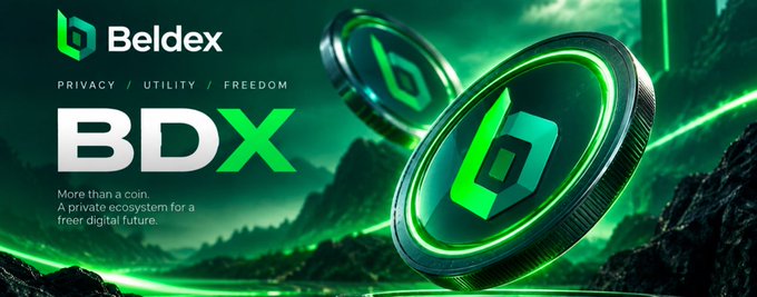 A sleek, futuristic promotional graphic for Beldex (BDX) featuring a glowing 3D green coin with the "b" logo set against a dark, mountainous backdrop with neon accents. The image displays the text "Beldex," "PRIVACY / UTILITY / FREEDOM," and the tagline "A private ecosystem for a freer digital future," visually reinforcing the post's message about Beldex's mission to make privacy technology more accessible and usable.