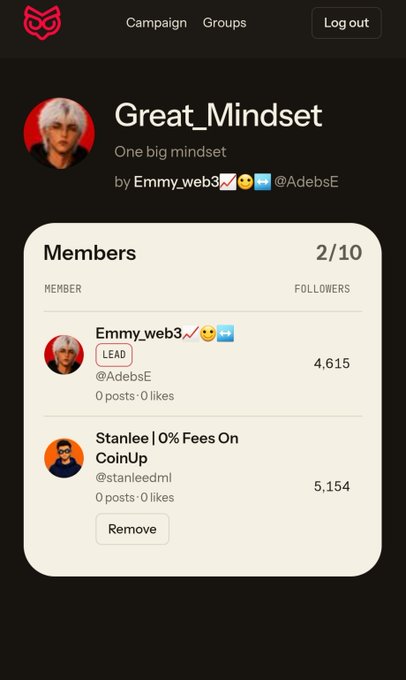Mobile app screenshot showing a group called 'Great_Mindset' with the tagline 'One big mindset', displaying 2/10 members including 'Emmy_web3' (Lead, 4,615 followers) and 'Stanlee | 0% Fees On CoinUp' (5,154 followers).