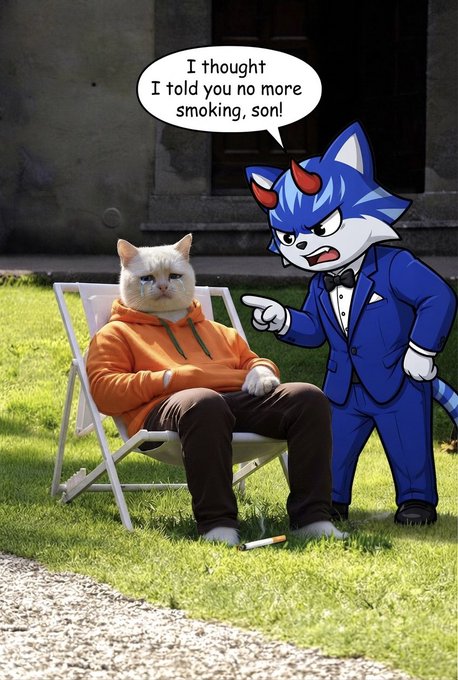 A meme featuring a crying cat in an orange hoodie sitting in a lawn chair with a cigarette, being yelled at by an angry cartoon blue cat in a tuxedo who says, 'I thought I told you no more smoking, son!'