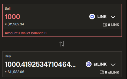 A cryptocurrency exchange interface displays a LINK token sell order for 1000 tokens at $11,982.34, with a corresponding buy order for 1000.4192534710464 stLINK at $11,982.06.