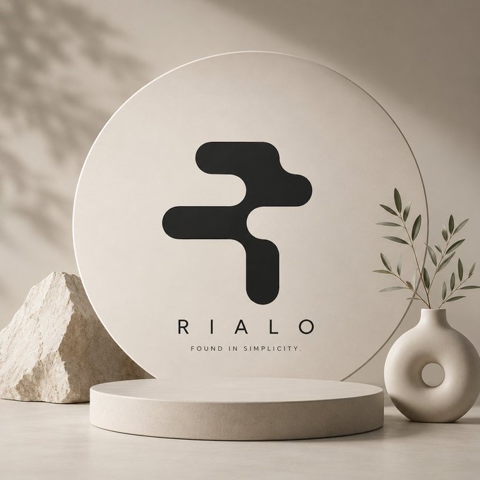A minimalist product display features a circular beige backdrop with the "RIALO" logo and tagline "FOUND IN SIMPLICITY," accompanied by a stone, ceramic vase with olive branches, and an empty podium. The image's clean, sophisticated aesthetic reinforces the post's message about Rialo's distinct, understated approach to bridging blockchain with the real world.