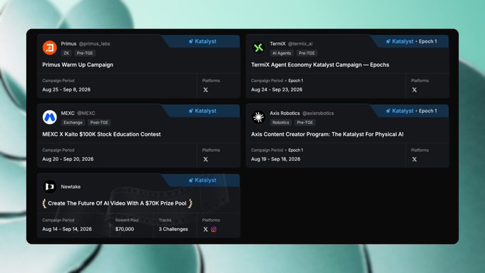 A dark-themed dashboard listing various crypto campaign cards including Primus, TermX, MEXC, Axis Robotics, and Newtale with Katalyst branding.