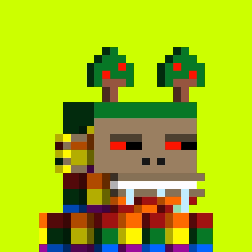 A pixel-art rendering of a Minecraft-style zombie character with red eyes and green sprouts growing from its head, set against a bright lime-green background.