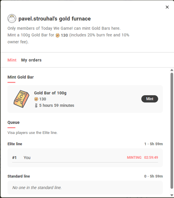A webpage screenshot of 'pavel.strouhal's gold furnace' showing options to mint a 100g Gold Bar for 130, with the user in the Elite queue currently minting with 02:59:49 remaining.