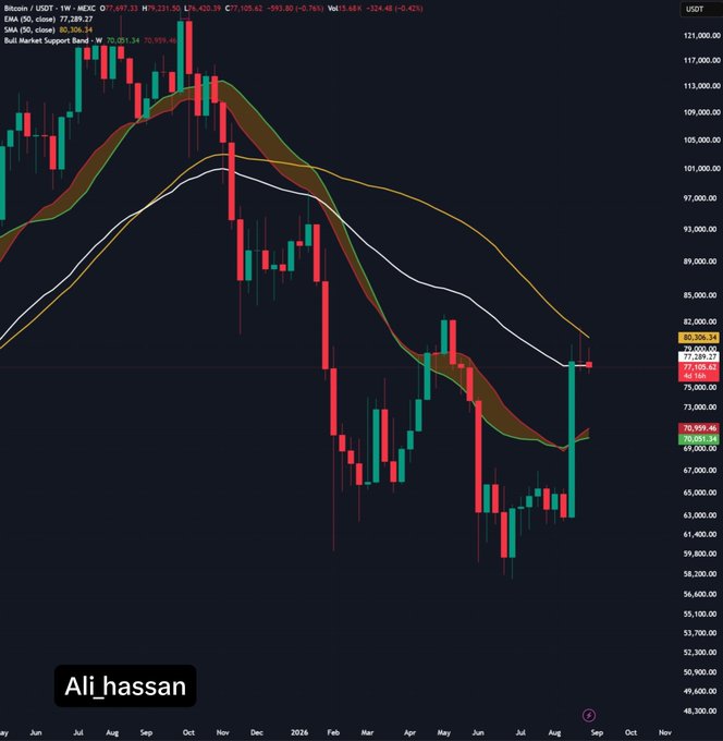 A Bitcoin (USDT) weekly candlestick chart on MEXC showing a downtrend with EMA lines and Bull Market Support Band, including price levels like 77,289.27 and 80,306.34, posted by 'Ali_hassan'.
