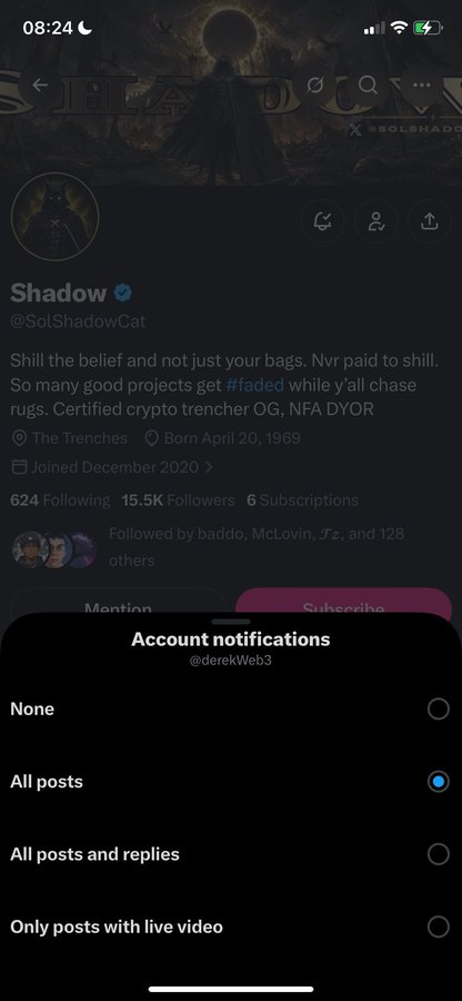 The image shows a mobile screenshot of an X (formerly Twitter) profile for "Shadow" (@SolShadowCat), a verified crypto account with 15.5K followers, joined December 2020, whose bio reads "Shill the belief and not just your bags. Nvr paid to shill. So many good projects get #faded while y'all chase rugs. Certified crypto trencher OG, NFA DYOR." The account has 624 Following, 6 Subscriptions, and is followed by users including baddo and McLovin. Overlaid at the bottom is an "Account notifications" menu set to "All posts" for @derekWeb3, suggesting the post relates to a small Solana (SOL) transfer of 0.1 being sent, likely as a tip or engagement reward tied to crypto tipping culture.