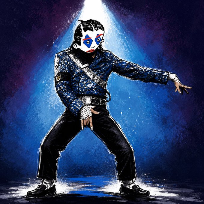 A painted-style illustration of a performer with clown makeup wearing a sparkly blue jacket and black pants, posed dynamically under a bright spotlight against a dark blue background.