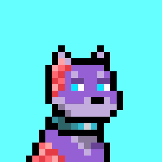 A pixel art illustration of a purple unicorn character with a pink mane and tail, cyan eyes, and a teal scarf, set against a solid bright cyan background.