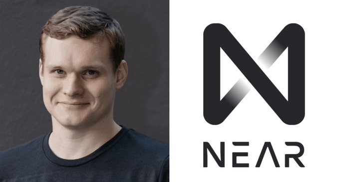 A split image featuring a portrait of a young man next to the 'NEAR' cryptocurrency logo.