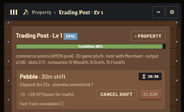 A game interface displays a 'Trading Post · Lv 1' epic property showing 96% condition, 20 game points/h output, with a 30m shift in progress labeled 'Pebble' and buttons to cancel or claim.