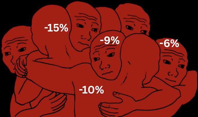 The image depicts a group of red, worried-looking figures huddled together, each labeled with a different negative percentage (-15%, -9%, -6%, -10%), symbolizing widespread losses and downturns in the crypto market. It visually reinforces the post's message about a rough week for crypto, with various assets (likely BTC, altcoins, and ETFs) experiencing significant declines and economic pain.