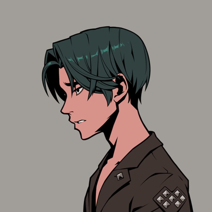A profile illustration of an anime-style male character with teal-green hair and a dark collared jacket featuring stud details on the shoulder and lapel.
