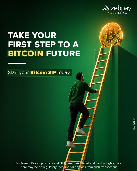 A Zebpay Bitcoin advertisement displays the text 'TAKE YOUR FIRST STEP TO A BITCOIN FUTURE' and 'Start your Bitcoin SIP today', featuring a man climbing a golden ladder leaning against a green block towards a glowing Bitcoin coin.