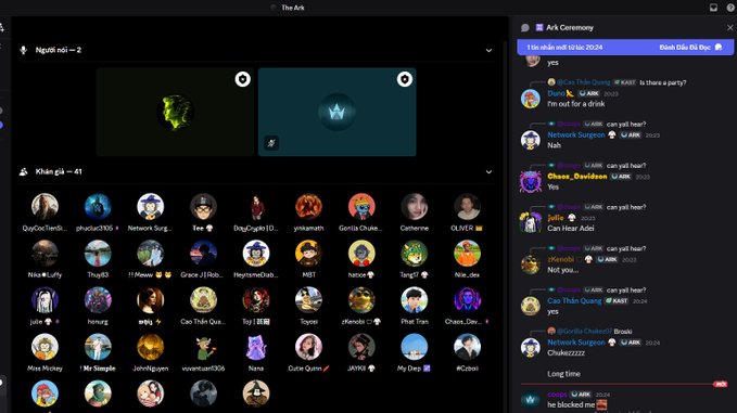 A Discord 'Ark Ceremony' voice channel screenshot showing two active speakers (Người nói - 2) and a chat with users requesting 'can yell hear?', along with a grid of avatars for 'Khán giả - 41' viewers.