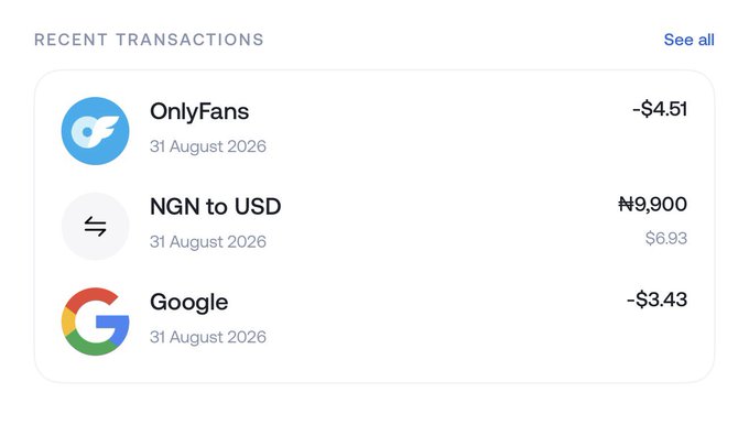 A "Recent Transactions" screen shows an NGN to USD conversion crediting ₦9,900 ($6.93), alongside charges of $4.51 to OnlyFans and $3.43 to Google, all dated 31 August 2026—ironically framing the celebratory "gm, up and winning" post with more debits than actual gains.