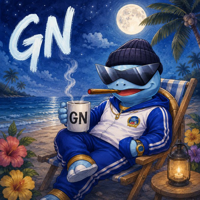 A digital artwork depicting a blue shark-like character wearing sunglasses, a beanie, a blue tracksuit, and gold chains, sitting in a beach chair holding a "GN" mug with a cigar, under a full moon with "GN" text in the sky.