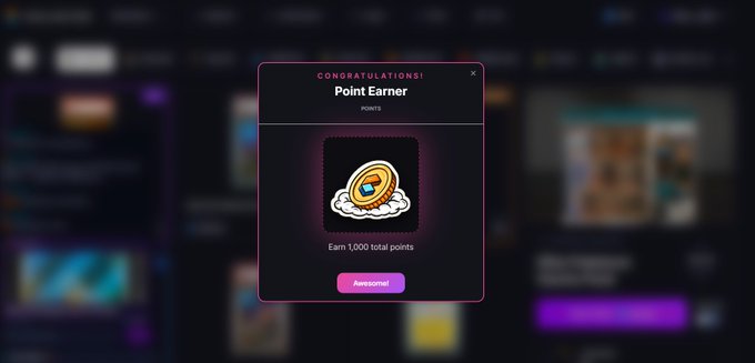 A "Congratulations! Point Earner" badge notification appears on screen, rewarding the user with 1,000 total points for their activity. This aligns with the post's message about claiming badges on gacha.collectorcrypt.com based on pack opening volume and points earned.