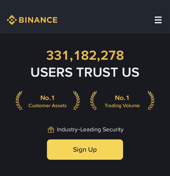 A Binance cryptocurrency exchange advertisement webpage with a black and gold color scheme, displaying '331,182,278 USERS TRUST US' and 'No.1 Customer Assets' and 'No.1 Trading Volume' badges.
