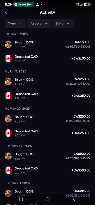 The image shows a cell phone screen displaying a list of transactions, including amounts and dates. The text "@Cryptolution @LeonidasNFT @dangambardello DCA $DOG" is present near the top left corner of the screen. This information suggests that the user might be tracking cryptocurrency transactions or managing digital assets related to the Cryptolution project led by Leonidas NFT.