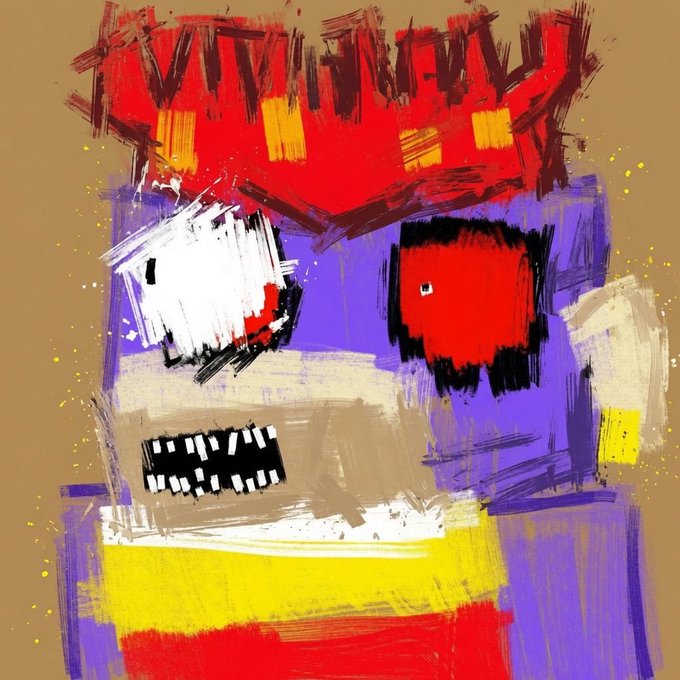 An abstract digital painting in the style of Jean-Michel Basquiat featuring a bold, stylized figure with red crown-like hair, mismatched white and red eyes, and bared teeth against a purple background, promoting the @uglyguysNFT "Ugly Guys" NFT collection (5302 pieces on Ethereum) and a giveaway tied to @eth_2017.